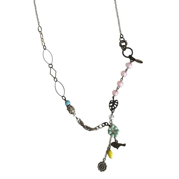 Plunder Lariat Necklace Mixed Metals Bird Flower Beaded - Picture 2 of 3